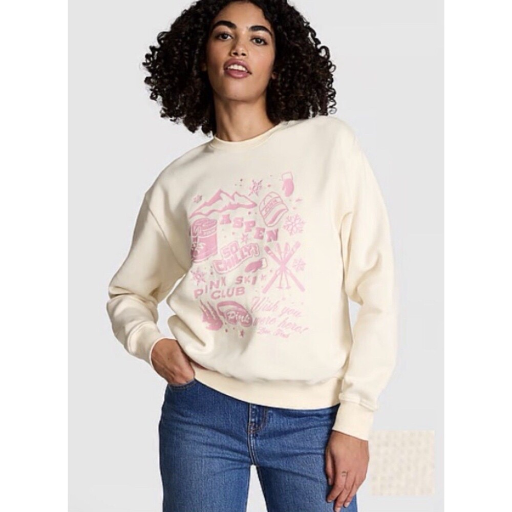 Victoria’s Secret PINK Ivy Fleece Crew Sweatshirt WhiteShell Aspen XL NWT